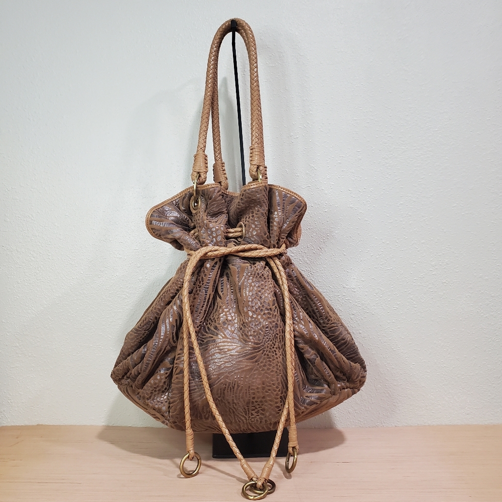 Brown Shoulder Pullstring Bag Soft Spacious Fabri… - image 1